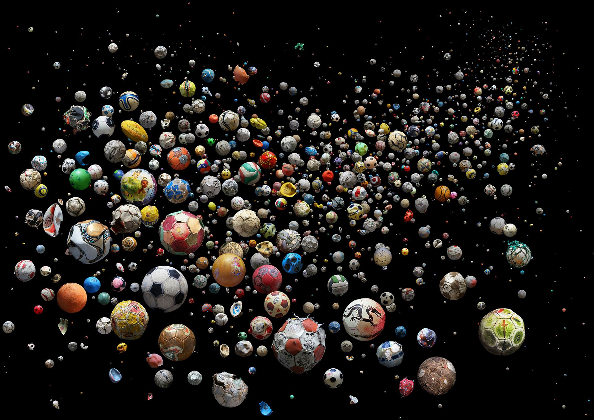 Mandy Barker, <b>PENALTY – The World<br></b>769 marine debris footballs and pieces of, collected from 41 countries &amp; islands around the World, from 144 different beaches and by 89 members of the public in just 4 months<div>© Mandy Barker</div>